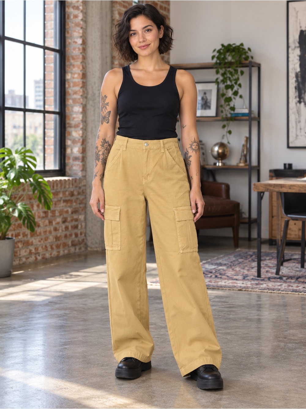 Tribal Wide-Leg Cargo Pants in Khaki